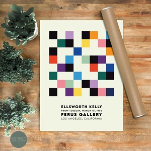 May include: A poster with a geometric design in a grid pattern of colorful squares. The poster is titled "ELLSWORTH KELLY" and includes the text "FROM TUESDAY, MARCH 15, 1966 FERUS GALLERY LOS ANGELES, CALIFORNIA".