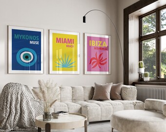 Set of 3 Travel Famous Places Posters, Ibiza Mykonos Miami Beach Posters, Preppy Travel Poster, Coastal Home Decor