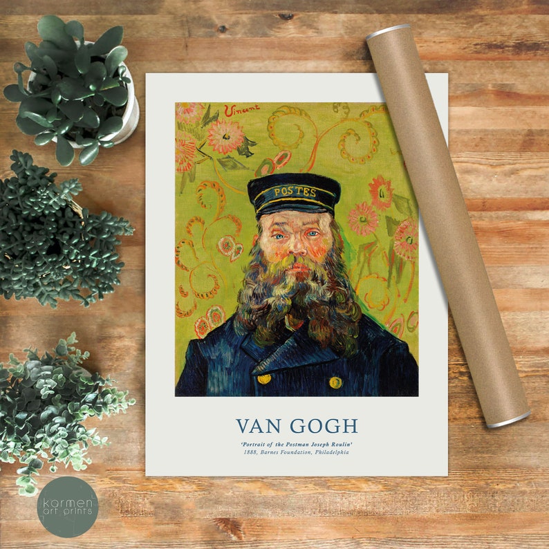 May include: A painting by Vincent van Gogh titled "Portrait of the Postman Joseph Roulin" depicting a man wearing a blue uniform and a black cap with the word "POSTES" on it. The man has a long beard and is standing in front of a green and yellow background with flowers.