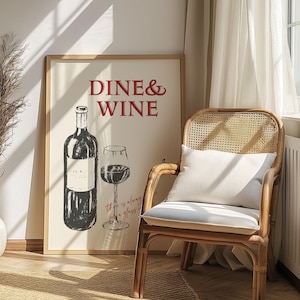 Wine&Dine vintage handgetekende print, eetkamerdecor, minimalistische eten muurkunst, drankje poster, moderne keuken Wall Gallery Decor