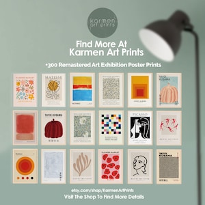 May include: A collage of 12 different art prints featuring various artists and styles. The prints are framed in white and have a minimalist aesthetic. The prints include works by Matisse, William Morris, Yayoi Kusama, Josef Albers, Picasso, and Henri Matisse. The text "Find More At Karmen Art Prints" is at the top of the image. The text "+300 Remastered Art Exhibition Poster Prints" is below the title. The text "etsy.com/shop/KarmenArtPrints" is at the bottom of the image. The text "Visit The Shop To Find More Details" is below the website address.