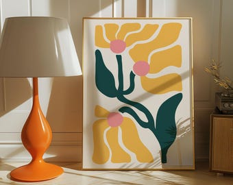 Boho Yellow Abstract Flower Poster, Maximalist Home Decor, Matisse Flower Print, Groovy Floral Wall Art, Botanical Poster