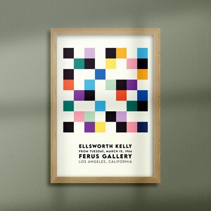 May include: A framed poster with a colorful geometric design in shades of red, blue, green, yellow, purple, and pink. The poster is titled "ELLSWORTH KELLY" and includes the text "FROM TUESDAY, MARCH 15, 1966 FERUS GALLERY LOS ANGELES, CALIFORNIA."