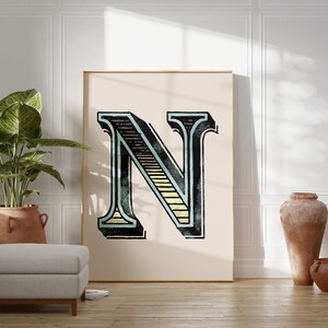Vintage Initial Print, Single Letter Alphabet Poster, N Poster, Eclectic Home Typography Decor, Office Wall Art, Nursery Room Decor