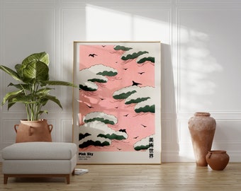 Japanese Pink Sky Cloud Poster, Bijutsu Sekai Print, Hokusai Print, Vintage Wall Decor