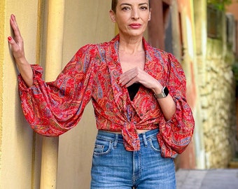 Blouse vintage en soie à manches ballon et col oversize - Chemisier élégant et romantique pour femmes