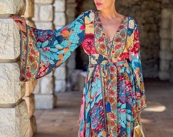 New ! Long boho silk dress, vintage silk dress, plunging neckline dress, shirring dress, bohemian gypsy dress, flared sleeve dress,