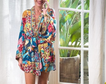 Short indoor silk kimono, Bathrobe, dressing gown, Boho chic kimono, Indoor dress, Silk jacket, Gift for her