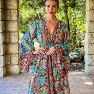 Long boho silk dress, vintage silk dress, plunging neckline dress, shirring dress, bohemian gypsy dress, flared sleeve dress, summer dress zdjęcie 1