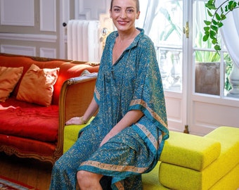 Maxi Kaftan en soie oversize – robe ample longue, robe d’intérieur grande taille fluide