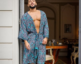 Silk boho men's kimono, kimono for him, silk bathrobe, dressing gown, gift for him