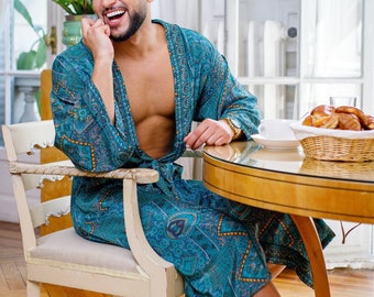 Kimono homme bohème en soie, kimono pour lui, peignoir en soie, robe de chambre, cadeau pour lui