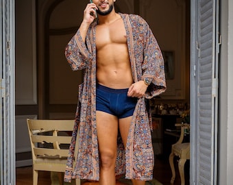 Herren-Boho-Seidenkimono – fließender Vintage-Bademantel – Herren-Morgenmantel