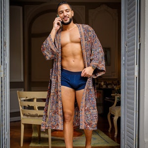 Zijden boho herenkimono, kimono voor hem, zijden badjas, kamerjas, cadeau voor hem