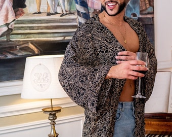 Silk boho men&#39;s kimono, kimono for him, silk bathrobe, dressing gown, gift for him