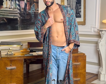 Herren-Boho-Seidenkimono – fließender Vintage-Bademantel – Herren-Morgenmantel
