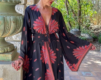 Long boho silk dress, vintage silk dress, plunging neckline dress, shirring dress, bohemian gypsy dress, flared sleeve dress, summer dress