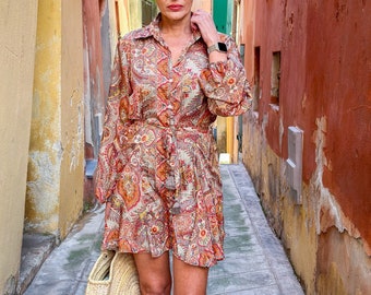 Silk babydoll short dress, Vintage silk dress, Lolita dress, Short shirt dress, Puffed sleeve summer dress, Maxi collar shirt dress