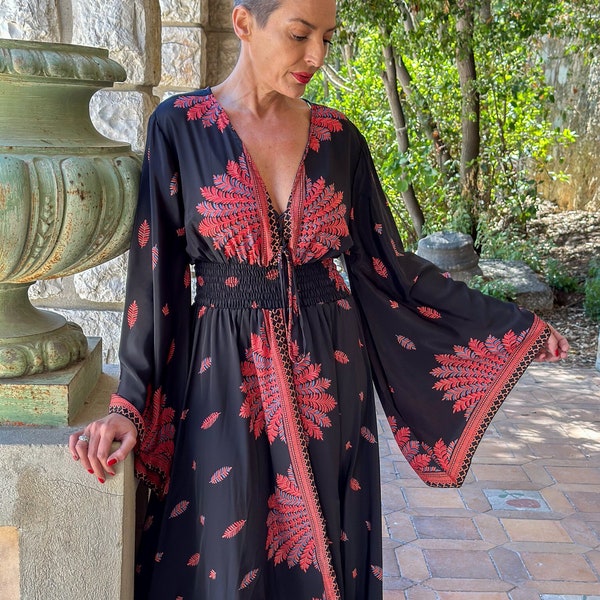 Long boho silk dress, vintage silk dress, plunging neckline dress, shirring dress, bohemian gypsy dress, flared sleeve dress, summer dress