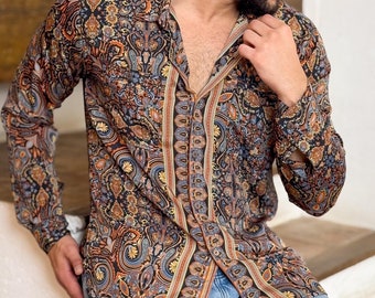 Men’s silk shirt with large French collar – long sleeves – retro chic style