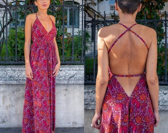 Silk backless dress / summer dress / one size / boho dress / light dress / vintage dress