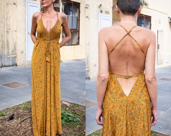 Silk backless dress / summer dress / one size / boho dress / light dress / vintage dress