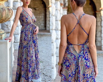 Silk backless dress / summer dress / one size / boho dress / light dress / vintage dress