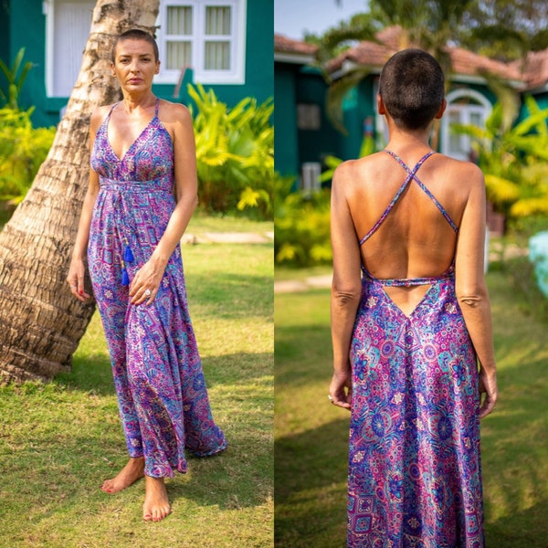 Robe dos nu en soie / robe d'été  / taille unique / robe boho / Robe légère / robe vintage