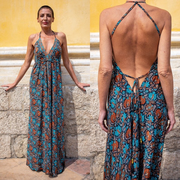 Vestido de seda sem costas / vestido de verão / tamanho único / vestido boho / vestido leve / vestido vintage