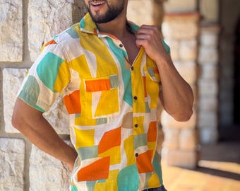 New! Men’s Vintage short sleeves Shirt – Cuban Collar, Coconut Buttons & Retro Charm – Gift for Him