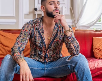 Camisa de seda vintage, Camisa de hombre de manga larga, Camisa boho chic, Camisa retro vintage, Camisa chic para hombre,