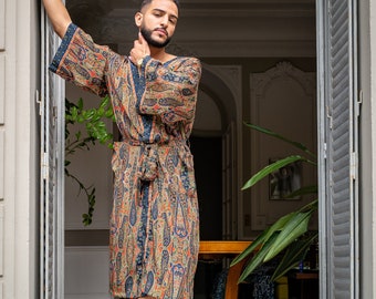 Silk boho men's kimono, kimono for him, silk bathrobe, dressing gown, gift for him