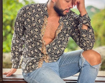 Camisa de seda para hombre con cuello francés grande - mangas largas - estilo retro chic