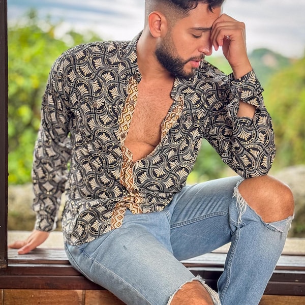 Men’s silk shirt with large French collar – long sleeves – retro chic style