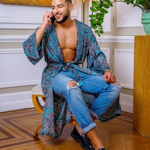 Silk boho men's kimono, kimono for him, silk bathrobe, dressing gown, gift for him image 4