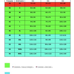 May include: A size chart for clothing with French and American sizes listed. The chart shows the corresponding measurements in centimetres for bust, waist, and hips.