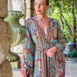 Long boho silk dress, vintage silk dress, plunging neckline dress, shirring dress, bohemian gypsy dress, flared sleeve dress, summer dress zdjęcie 5