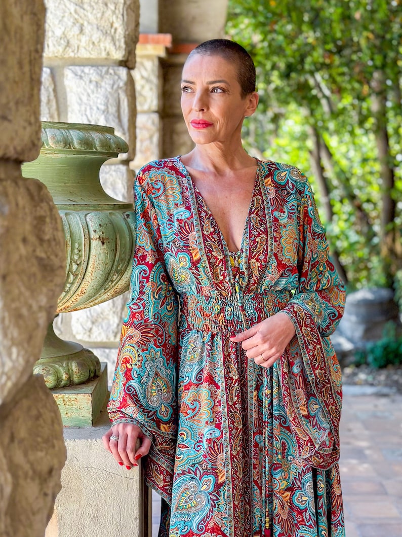 Long boho silk dress, vintage silk dress, plunging neckline dress, shirring dress, bohemian gypsy dress, flared sleeve dress, summer dress zdjęcie 5