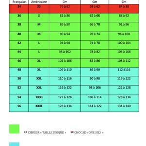 May include: A size chart for clothing with French and American sizes listed. The chart shows the corresponding chest, waist, and hip measurements in centimeters.