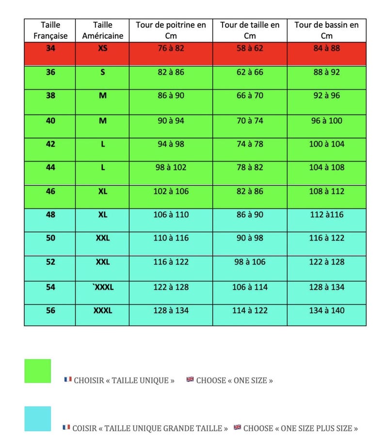 May include: A size chart for clothing with French and American sizes listed. The chart shows the corresponding chest, waist, and hip measurements in centimeters.