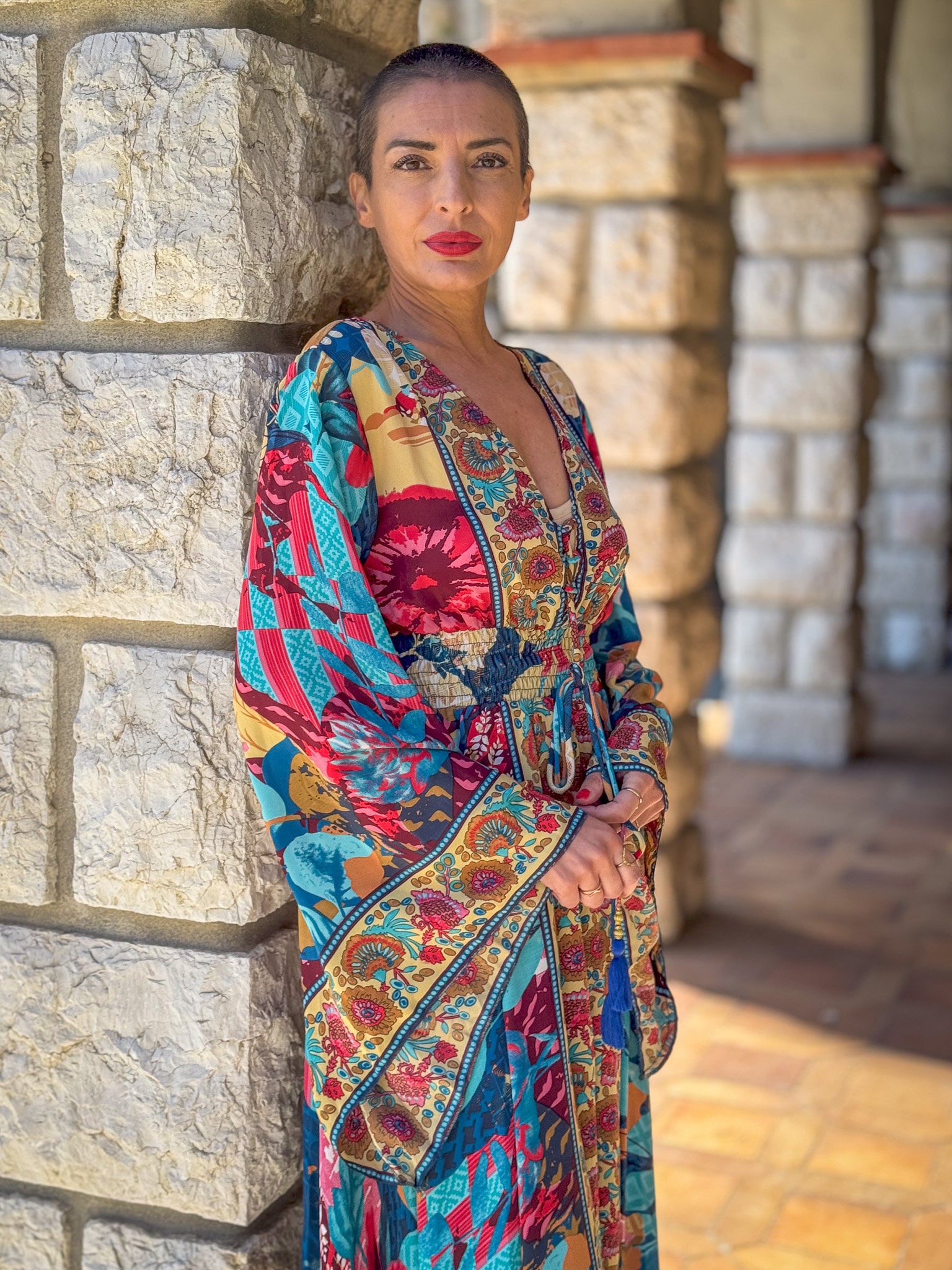 Long Boho Silk Dress, Vintage Silk Dress, Plunging Neckline