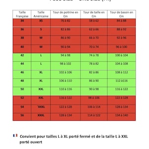 May include: A size chart in French and American sizes, with chest, waist, and hip measurements in centimeters. The chart includes sizes from XS to XXXL, with corresponding French sizes from 34 to 56. The chart also includes text in French and English.