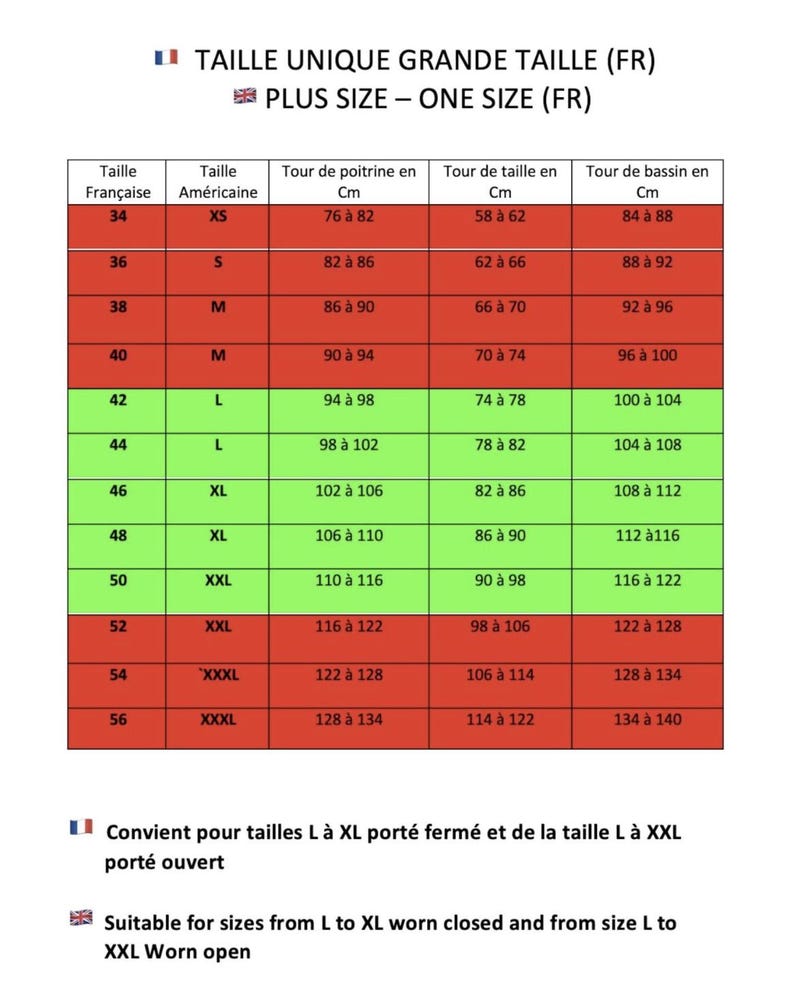May include: A size chart in French and American sizes, with chest, waist, and hip measurements in centimeters. The chart includes sizes from XS to XXXL, with corresponding French sizes from 34 to 56. The chart also includes text in French and English.