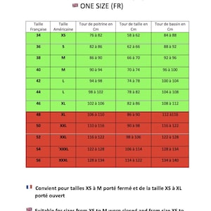 May include: A size chart in French and English, with measurements in centimeters. It includes French sizes 34 to 56, American sizes XS to XXXL, and corresponding chest, waist, and hip measurements. The chart also indicates suitable sizes.