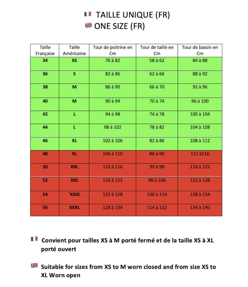May include: A size chart in French and English, with measurements in centimeters. It includes French sizes 34 to 56, American sizes XS to XXXL, and corresponding chest, waist, and hip measurements. The chart also indicates suitable sizes.