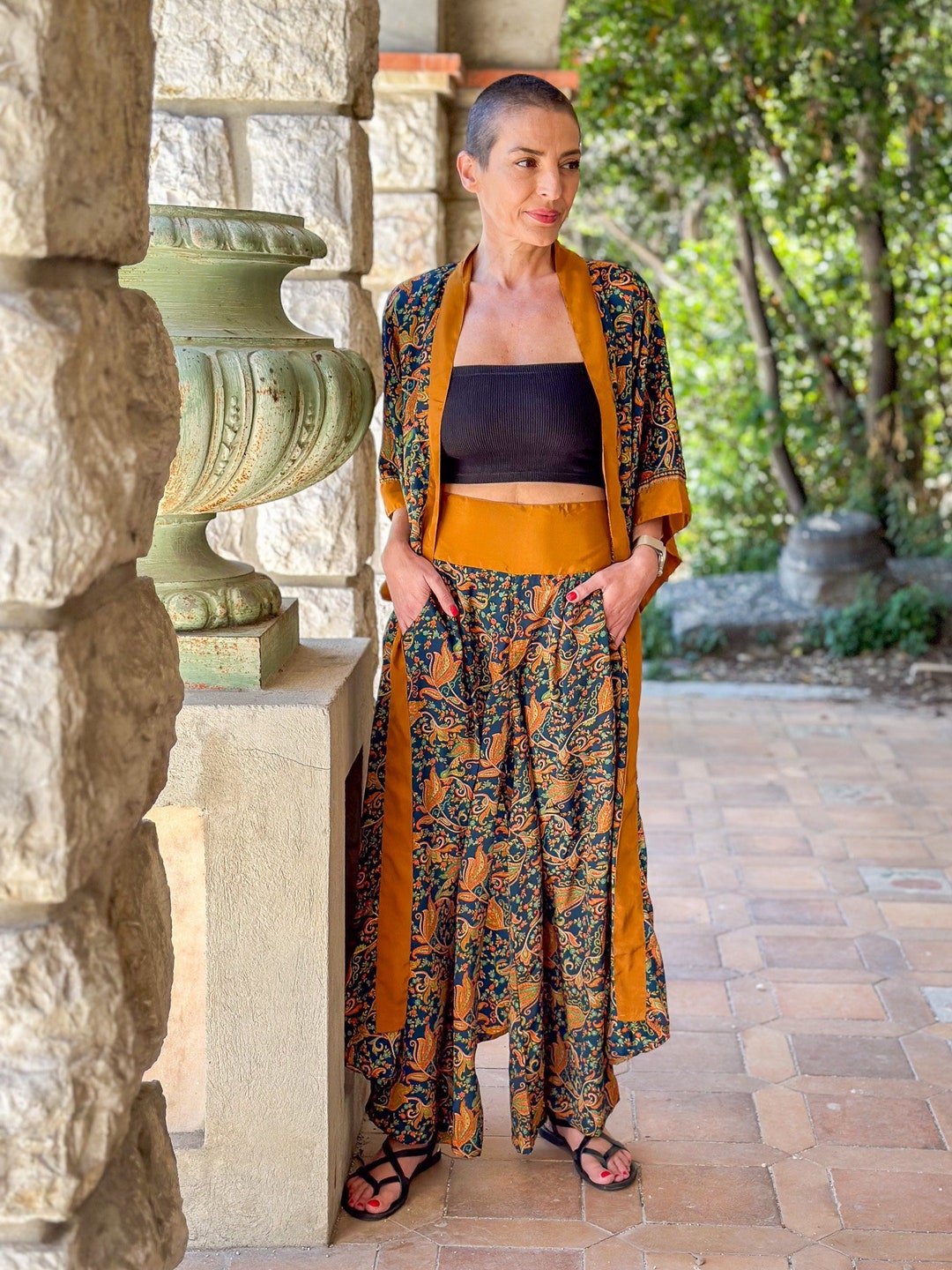 Silk Palazzo Set – Wide Leg Pants Women – Boho Chic Kimono Outfit