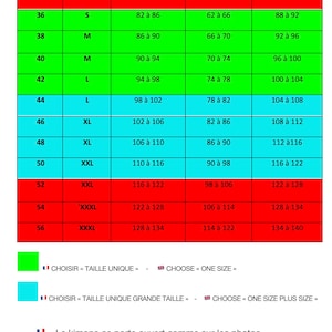 May include: A size chart for a kimono, showing French and American sizes, as well as measurements in centimetres for bust, waist, and hips. The chart is printed on a green and blue background with a French and British flag at the bottom.