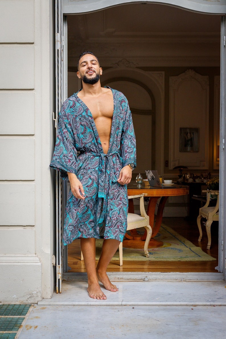 Silk boho men's kimono, kimono for him, silk bathrobe, dressing gown, gift for him image 1