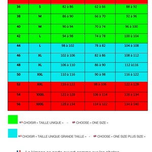 May include: A size chart for a kimono, showing French and American sizes, as well as measurements in centimeters for bust, waist, and hips. The chart is printed on a green and blue background with a French and British flag at the bottom.