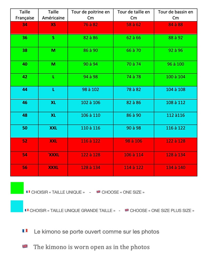 May include: A size chart for a kimono, showing French and American sizes, as well as measurements in centimeters for bust, waist, and hips. The chart is printed on a green and blue background with a French and British flag at the bottom.